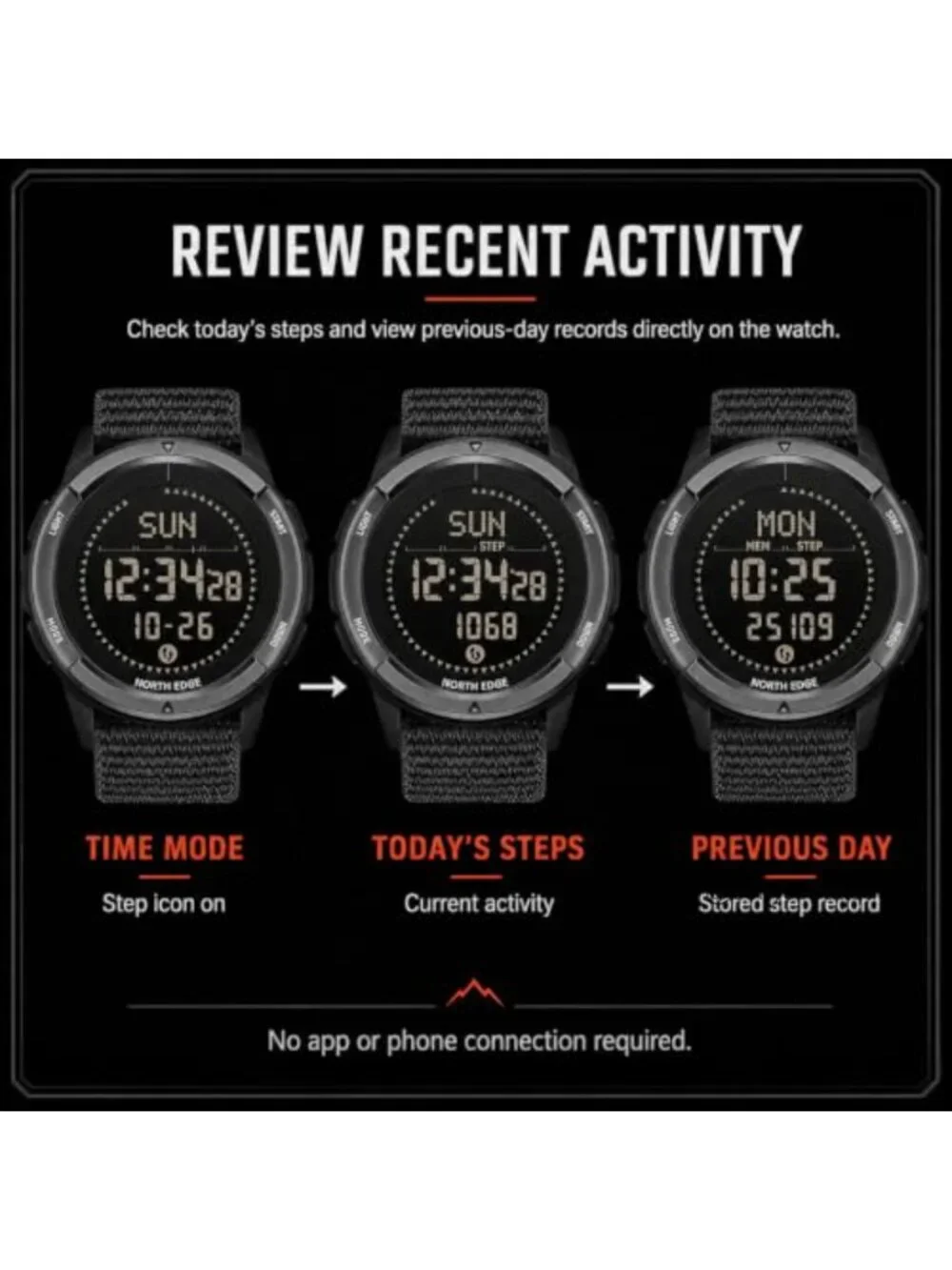 Men's Outdoor Digital Compass Watch with Pedometer, 50M Water Resistant, Carbon